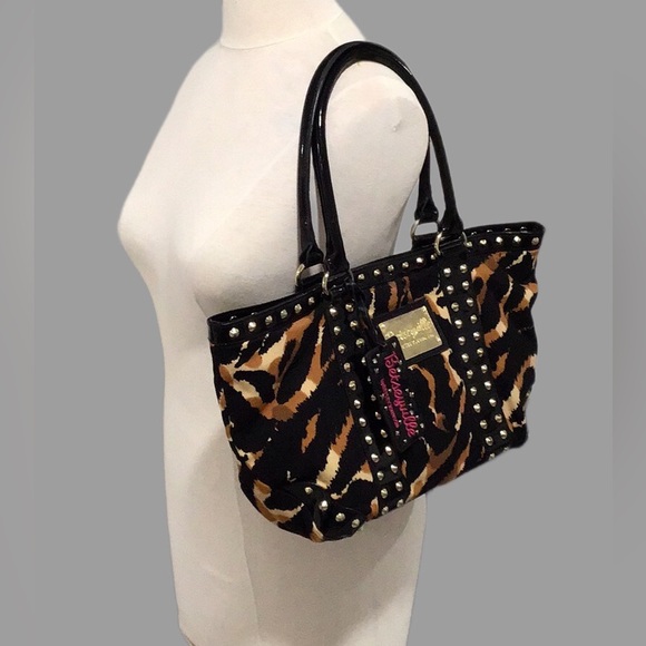 Betseyville by Betsey Johnson Tiger Print Tote with Studs, Black/Brown - Picture 2 of 12